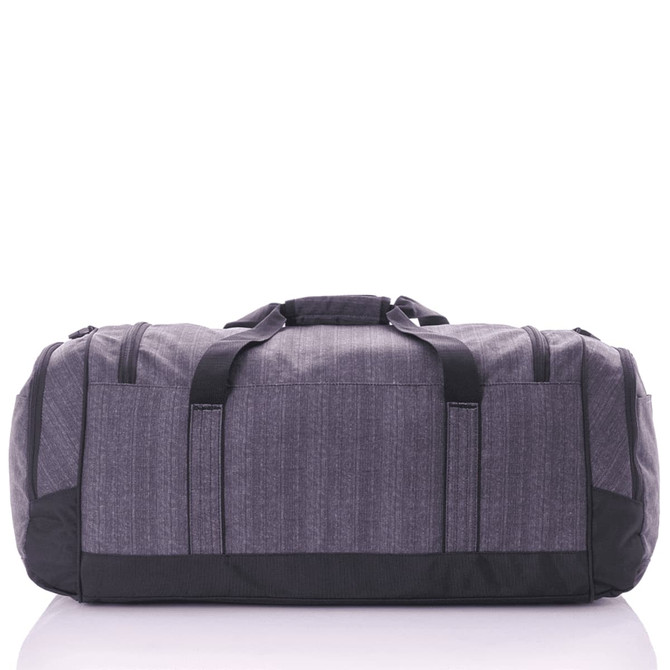 A grey duffle bag with black accents, featuring multiple handles and a sturdy design. It has a logo on the side.