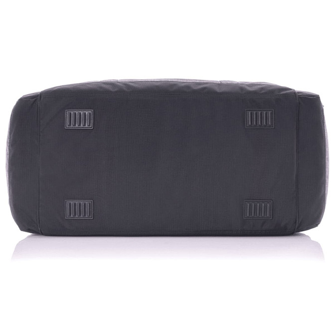 A black duffle bag featuring a flat base and protective feet, showcasing a sturdy design and ample space.