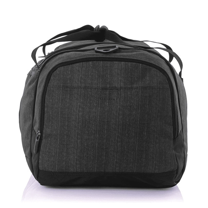 A grey duffle bag with a zippered main compartment and dual carrying straps, featuring branding on the exterior.