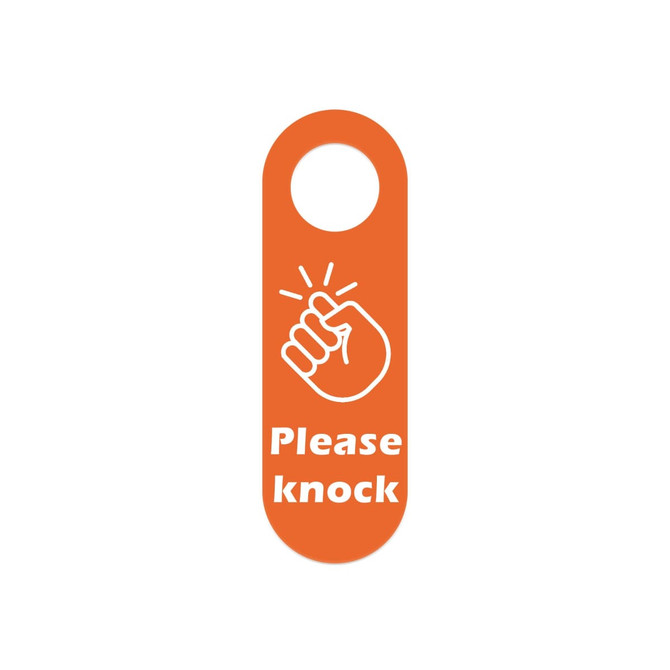 An orange PVC door hanger featuring a hand graphic and the text "Please knock." It includes a circular hole at the top.