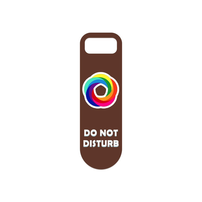 A custom shape PVC door hanger in brown with a colourful logo and the text "DO NOT DISTURB" underneath.