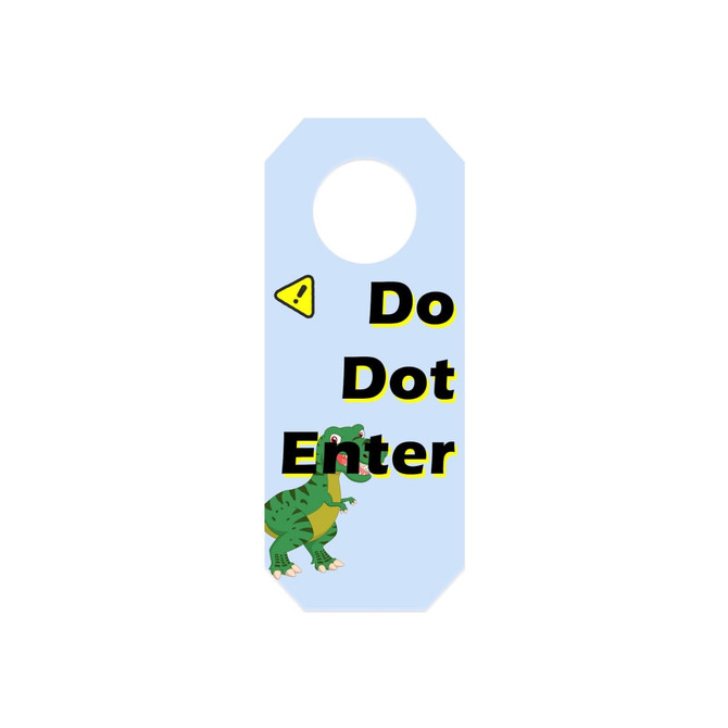 A blue custom shape PVC door hanger with a cartoon dinosaur design and a circular cutout at the top.