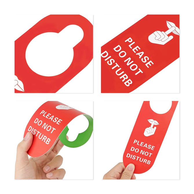 A custom shape PVC door hanger in red and green, featuring a 'Please Do Not Disturb' design. The product has a logo.