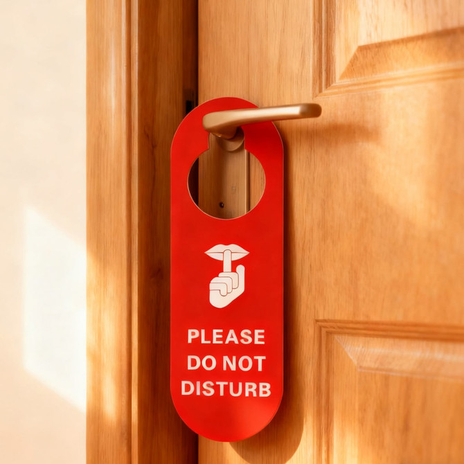 A red PVC door hanger with a circular cutout, displaying a design and a logo.