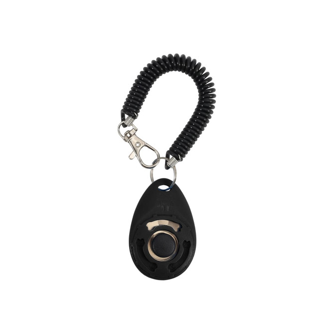 A black pet training clicker with a coiled lanyard and a metal clip. Features a circular button for easy use.