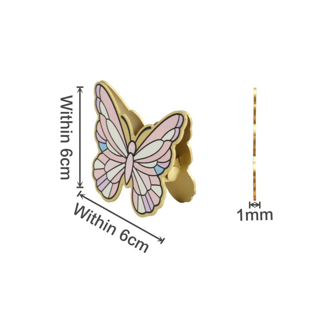 A gold butterfly-shaped clip with pink and blue details, measuring within 6cm. It features a logo on one side.