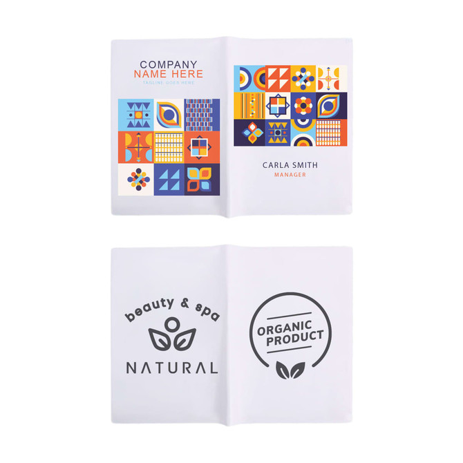 A soft PVC folder featuring a vibrant design in blue, orange, and yellow with space for logos and branding.