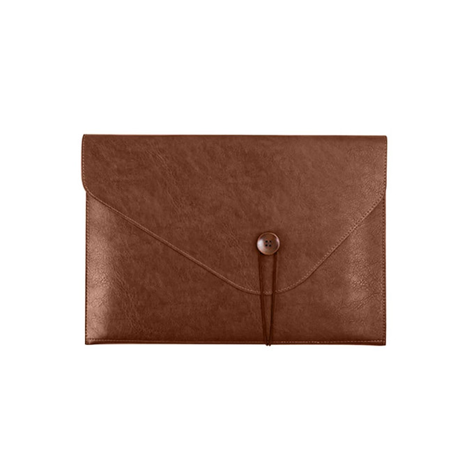 A brown PU leather folder featuring a button closure and a sleek, textured finish. It includes a logo.