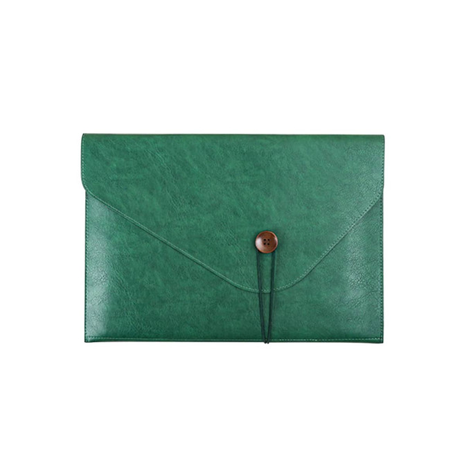 A green PU leather folder with a button closure and elastic strap. It features a smooth textured surface.