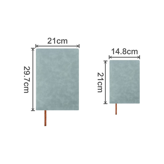 A green PU leather notebook with a textured cover, featuring two sizes and a brown spine. It has a logo.