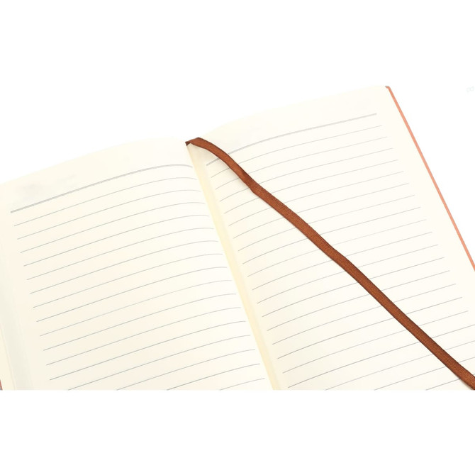 A PU leather notebook in orange featuring lined pages and a brown ribbon bookmark. The interior is blank and unmarked.