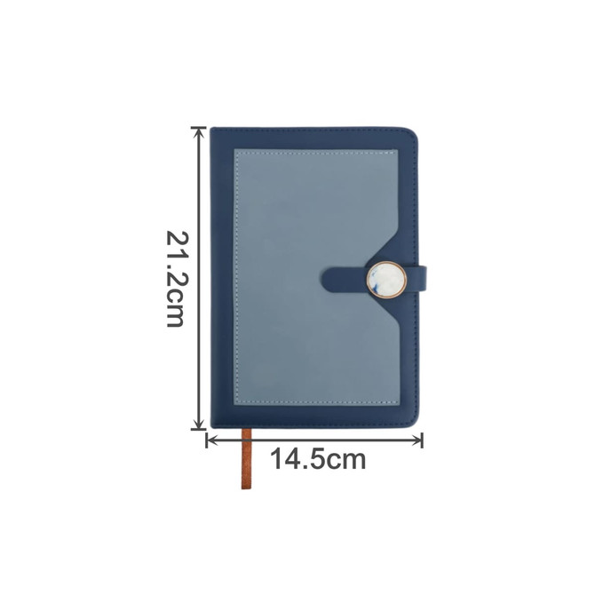 A blue magnetic buckle pocket notebook with dimensions 21.2cm by 14.5cm and a decorative circular clasp.