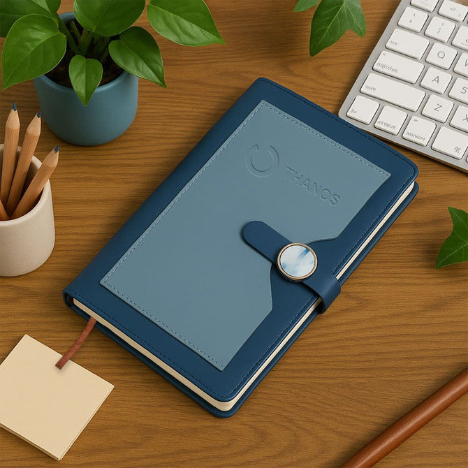 A5 magnetic buckle pocket notebook in blue and light blue, with a pen holder and a plant beside it on a wooden desk.