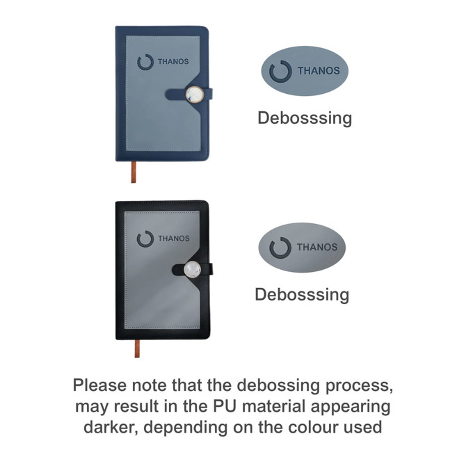 A5 magnetic buckle pocket notebook in navy and black with a debossed logo. Features a sleek design and elastic closure.