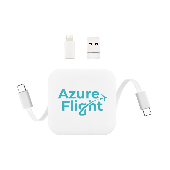 A retractable charging cable in white, featuring USB and Lightning connectors, with a logo on the casing.