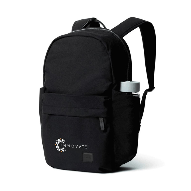 A black backpack with a front pocket and a drink bottle holder, featuring a logo on the side.