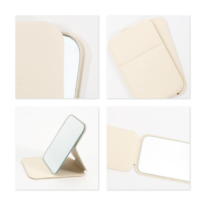 A portable mini mirror in cream, featuring a foldable design with a reflective surface and a protective cover.