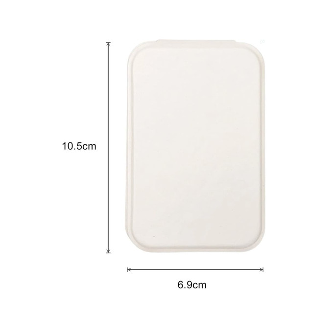 A portable mini mirror in a rectangular shape, featuring a white exterior with dimensions 10.5 cm by 6.9 cm.