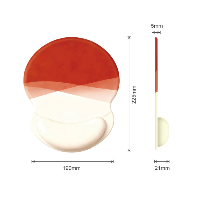 A lightweight balloon gel pad in red and white, featuring a curved design, with dimensions provided.