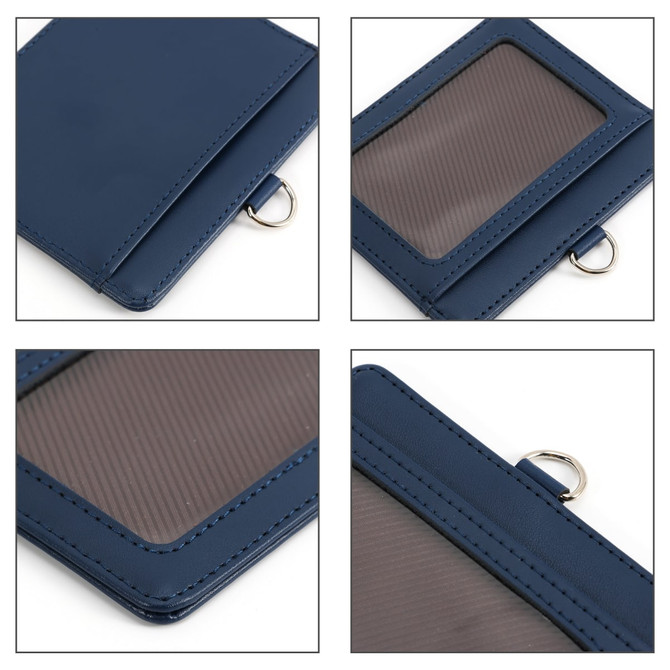 A navy PU leather card holder with a transparent ID window and a metal ring, featuring four different angles.