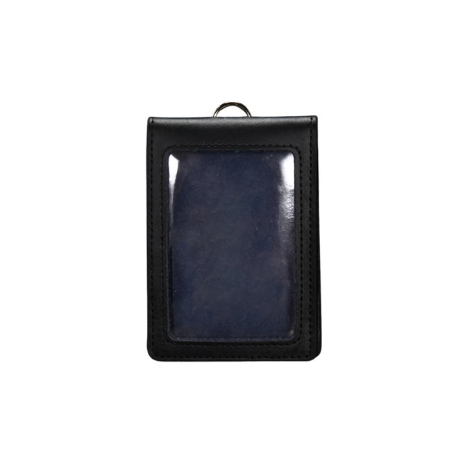 A black PU leather ID card holder with a transparent front pocket and stitched edges. It features a loop for attachment.