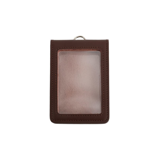 A brown PU leather ID card holder with a clear front window and a loop for attachment.