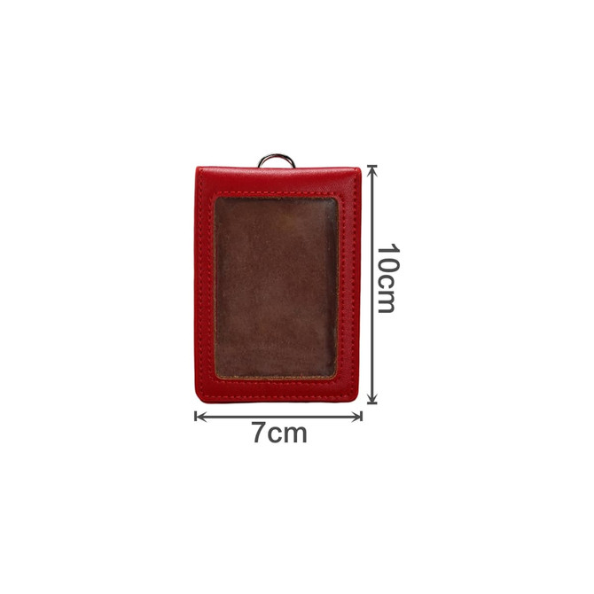 A red PU leather ID card holder with a clear window and stitching details, measuring 7cm by 10cm.