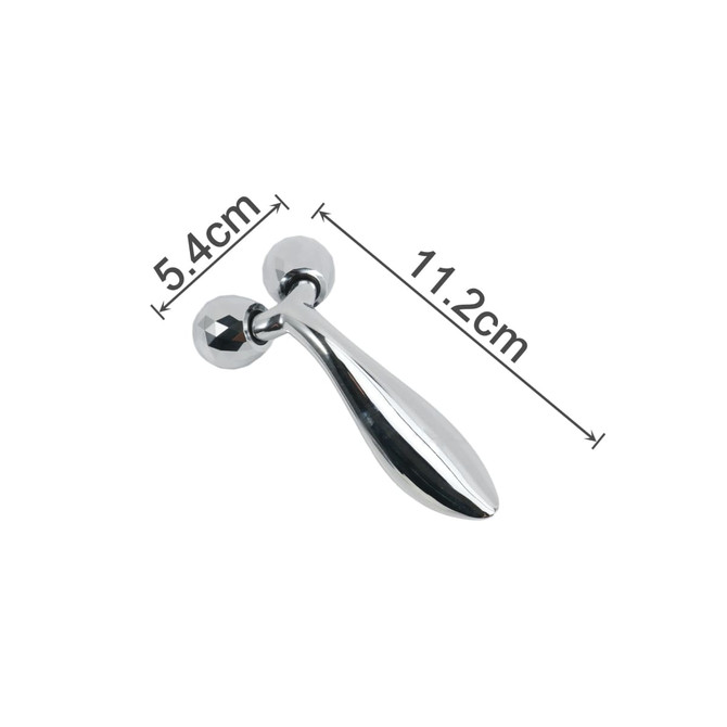 A chrome facial roller with two spherical ends, measuring 11.2 cm in length and 5.4 cm in width.