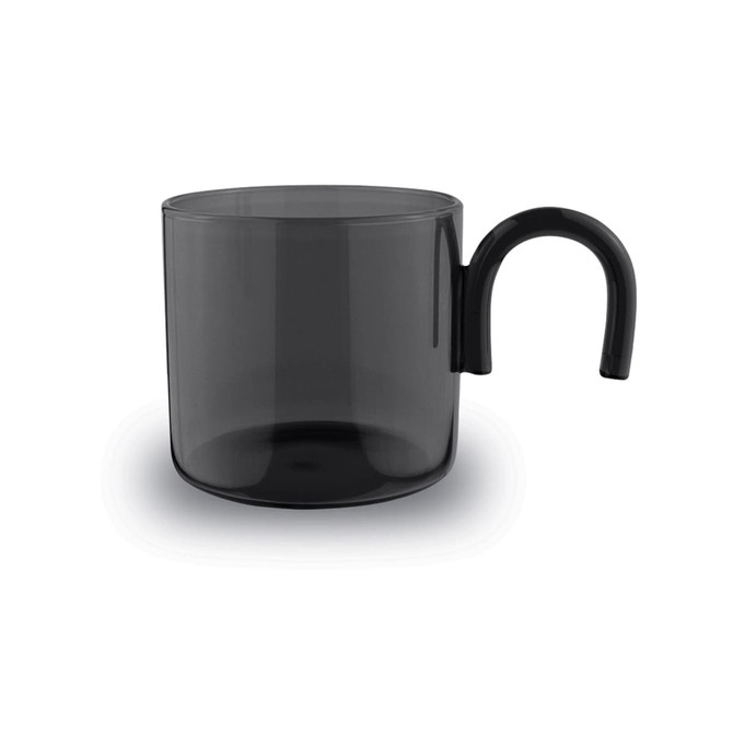 A glass tea and coffee cup in a smoky black colour with a curved handle. There is a logo present.