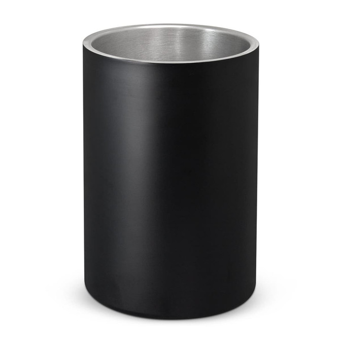 A drink bottle in a sleek black exterior with a silver interior, featuring a smooth cylindrical design and a logo.