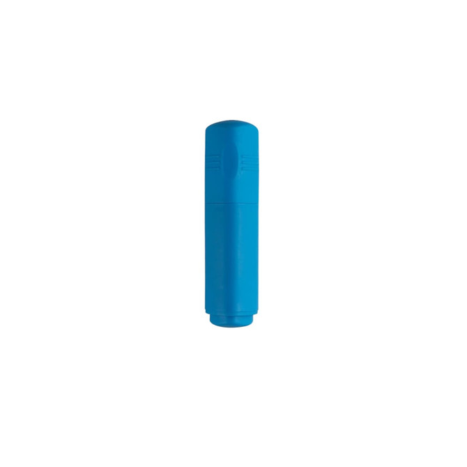 A blue highlighter with a rounded tip and a cylindrical body, featuring a branding logo.