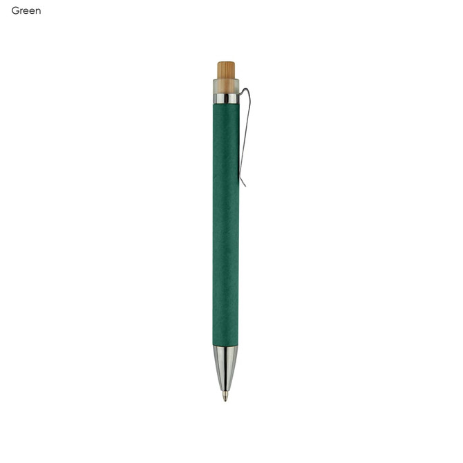 A green recycled cardboard pen with a bamboo top and a silver clip, showcasing a sleek and eco-friendly design.