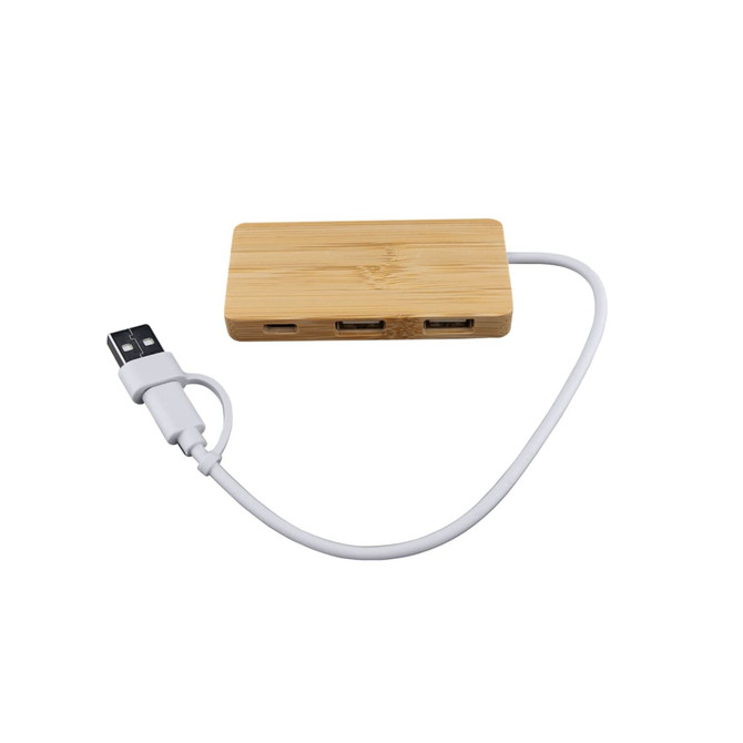 A bamboo USB hub featuring three ports and a white connecting cable.
