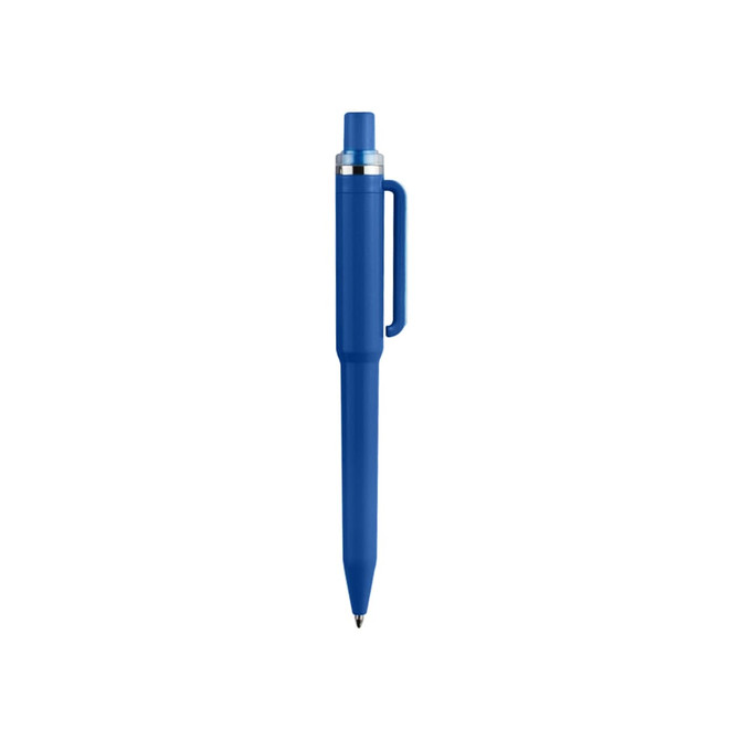 A blue plastic pen with a silver tip and clip, featuring a logo on its body.