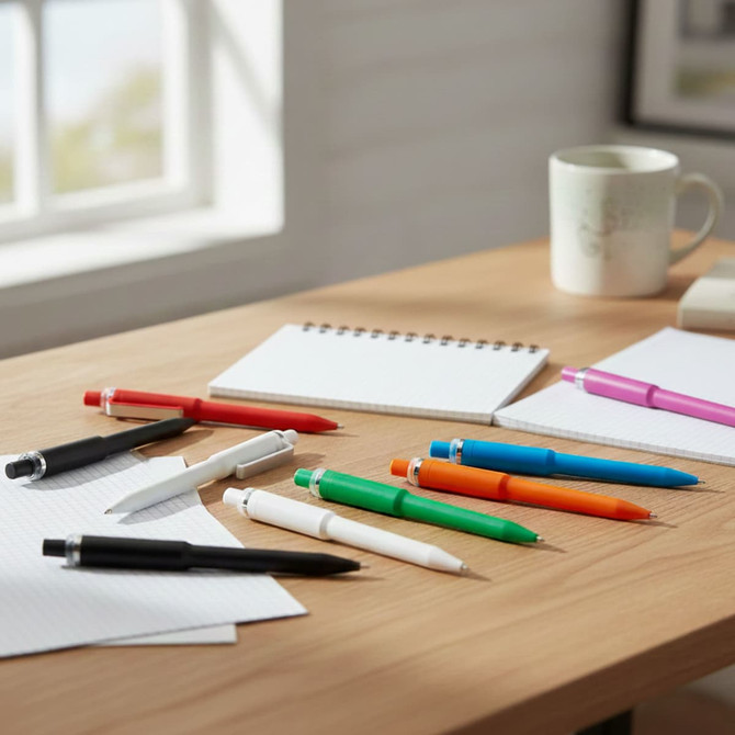 A collection of plastic pens in black, white, green, orange, blue, and pink, arranged on a wooden desk with notepads.