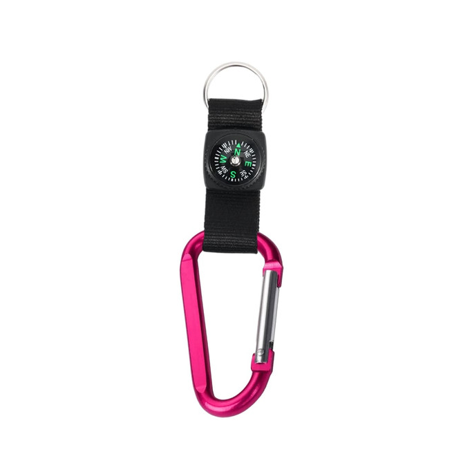A pink carabiner keychain with a black compass attached, featuring a silver clip and black strap.