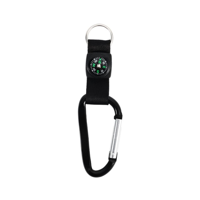 A black carabiner keychain featuring a compass attached with a fabric strap. It includes a ring for easy carrying.