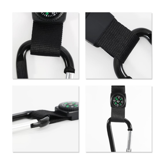 A black carabiner keychain featuring a compass and fabric strap. Includes a logo on the product.