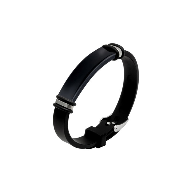 A sleek engraved bracelet featuring a dark band with silver accents and a branded logo.