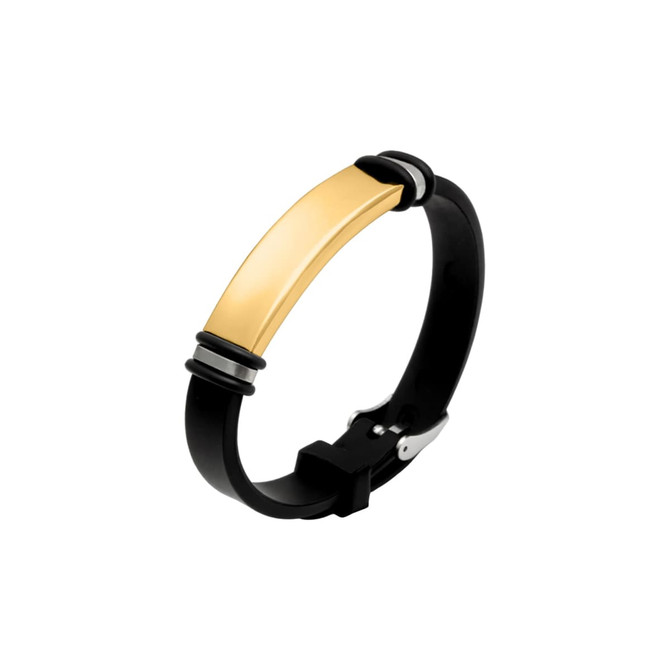 A sleek black and gold engraved bracelet featuring a polished centrepiece and a secure clasp.
