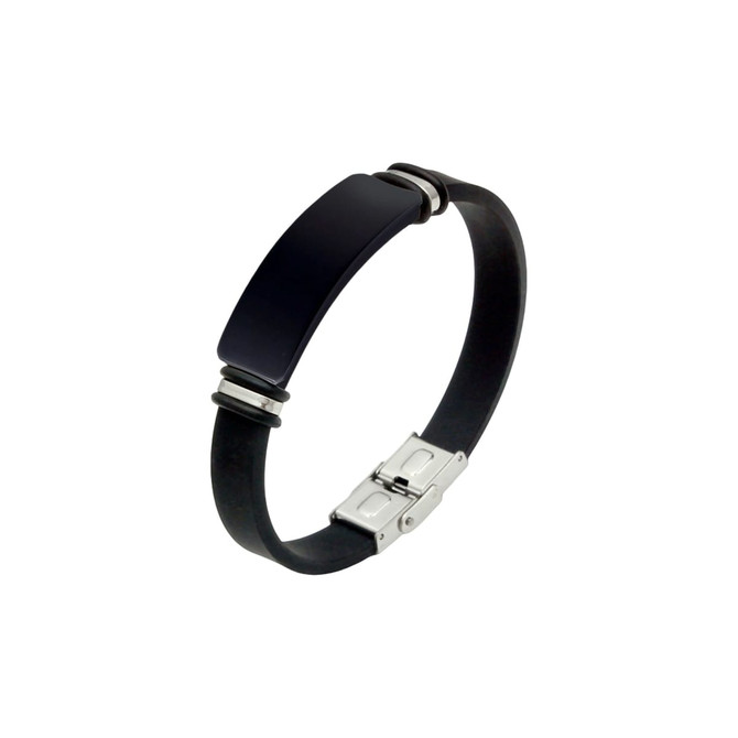 A black colour engraved bracelet featuring a sleek design and a silver clasp, with metallic accents.
