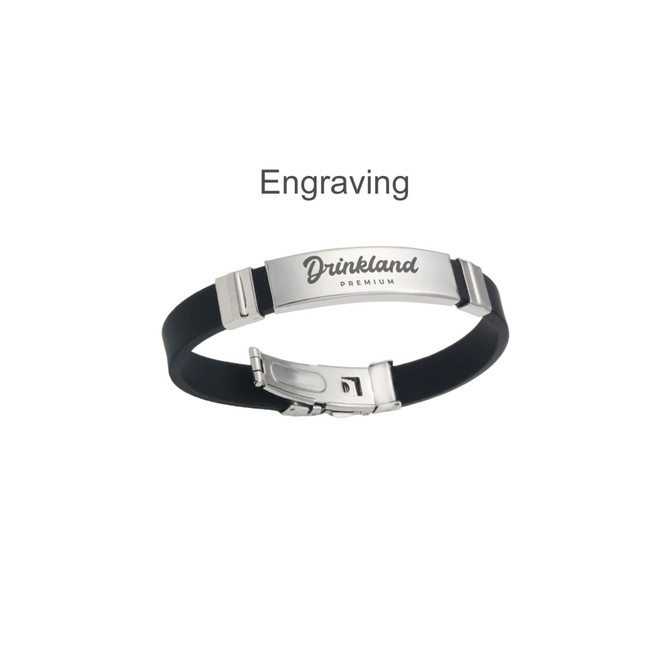 A metal folding lock clasp bangle featuring a black band and a silver engraved metal clasp with a logo.