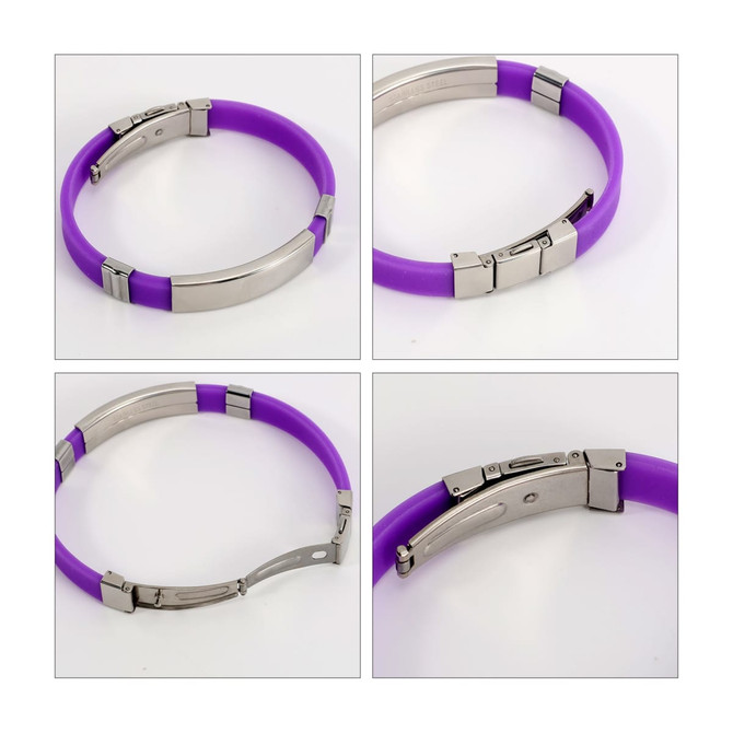 A purple metal folding lock clasp bangle with a shiny silver clasp and a sleek design. It features a logo.