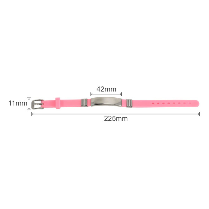 A pink metal bracelet featuring a stainless steel clasp and measuring 225mm in length and 42mm in width.