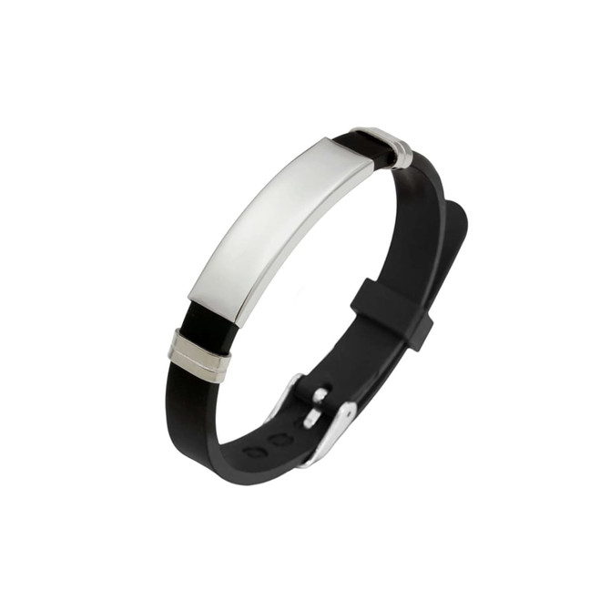 A sleek metal and black silicone bracelet featuring a polished silver plate and metallic accents.