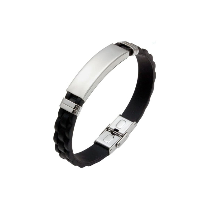 A stainless steel buckle latch bracelet with a sleek silver clasp and a black braided design.