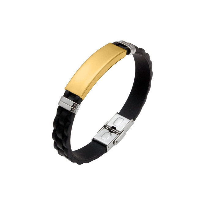 A bracelet featuring a gold stainless steel buckle latch and a black rubber band, with a shiny finish and a logo.