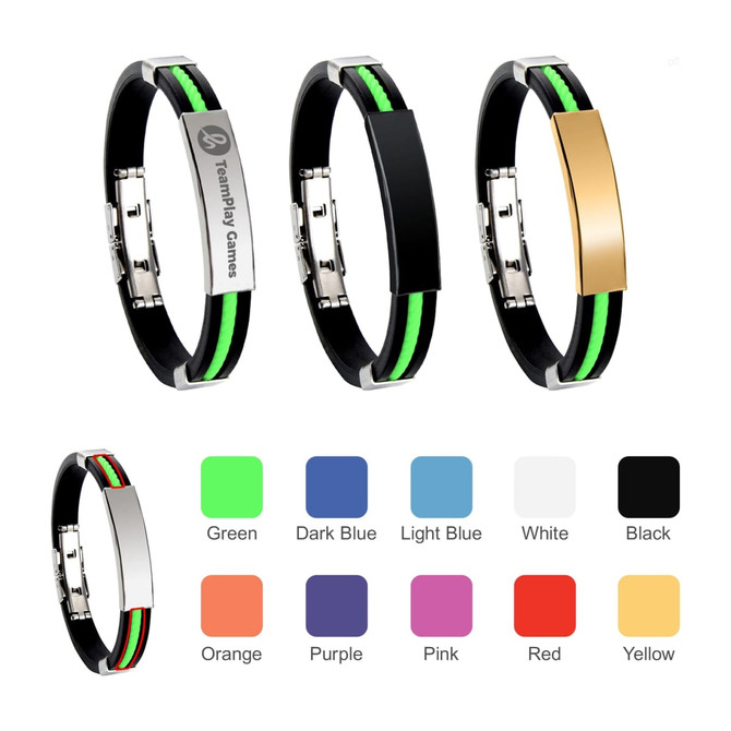 A collection of Glide Lock Clasp Colour Silica Bracelets in various colours including green, red, and purple, with metallic clasps.