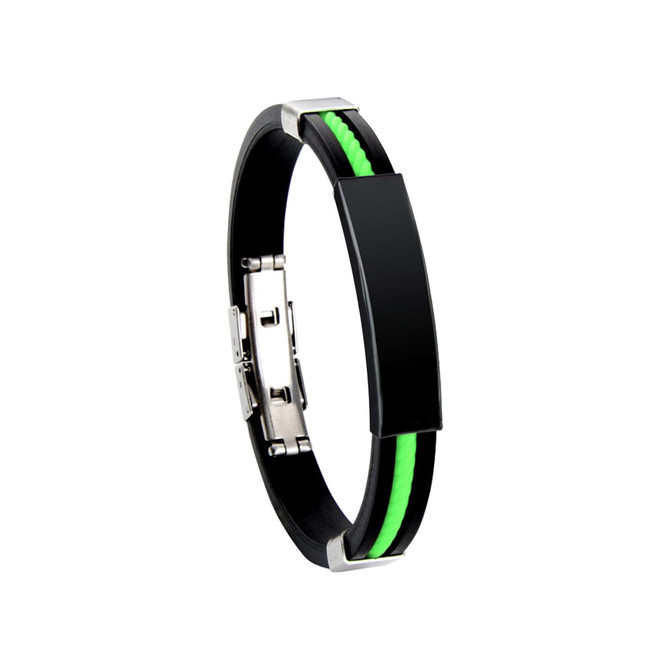 A black and green silicone bracelet featuring a sleek design and a silver clasp, with a branding logo.