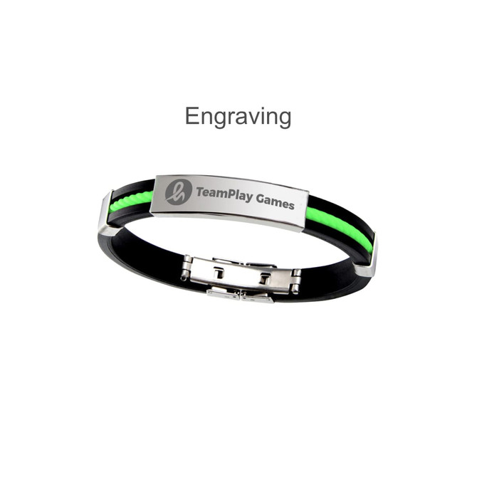 A bracelet featuring a black band, green accents, and a silver clasp with a logo.